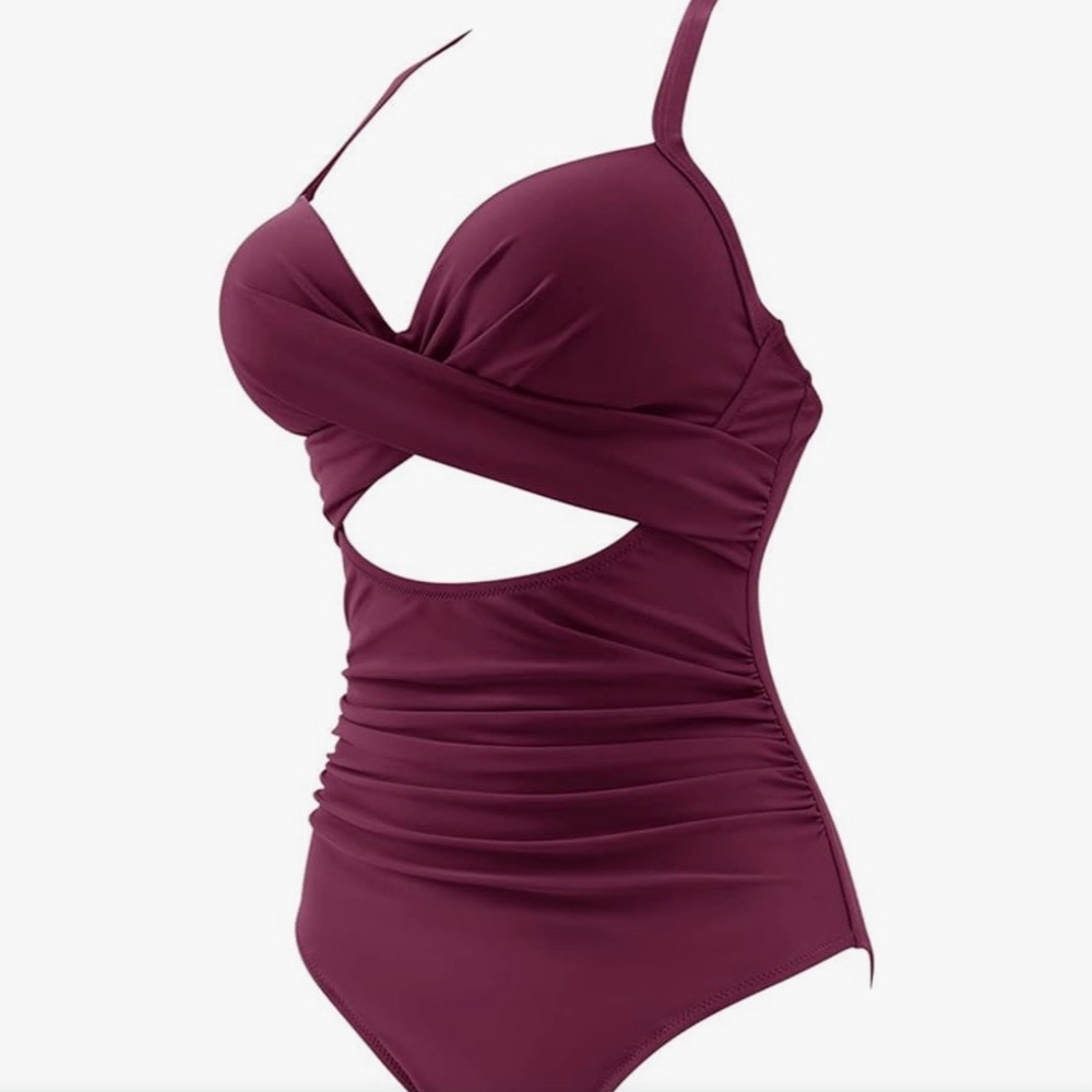 Suuksess Slimming Retro Cut out One Piece Swimsuit in Wine - Picture 2 of 13